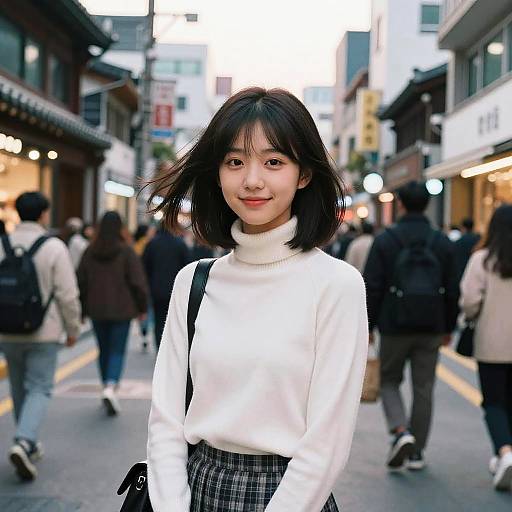Photograph of an Asian woman with shoulder-length black hair, wearing a white turtleneck and plaid skirt, smiling in a bustling urban street with