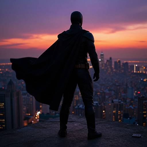 Silhouetted superhero with flowing cape stands on rooftop, facing vibrant sunset over city skyline. Photograph by Adam K. Photography.