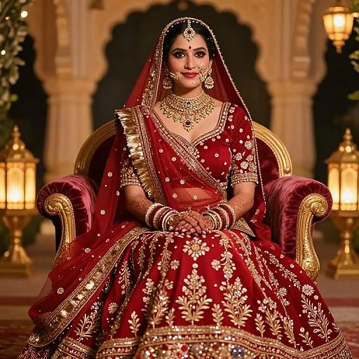 Photograph of a South Asian bride in a red, gold-embroidered sari and veil, sitting on an ornate chair, adorned with