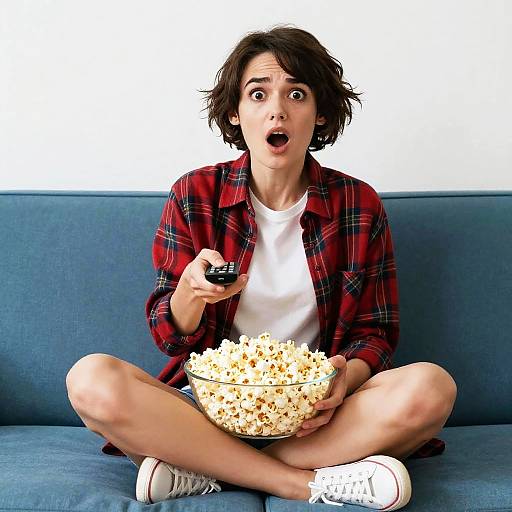 Photograph of a surprised young man with short brown hair, wearing a red plaid shirt and white sneakers, sitting cross-legged on a blue couch,