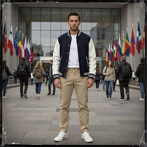 Confident Man in Varsity Jacket Outdoors