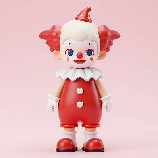 CGI cartoon clown with red outfit, white ruffled collar, blue eyes, red nose, white gloves, and red shoes, set against a pink