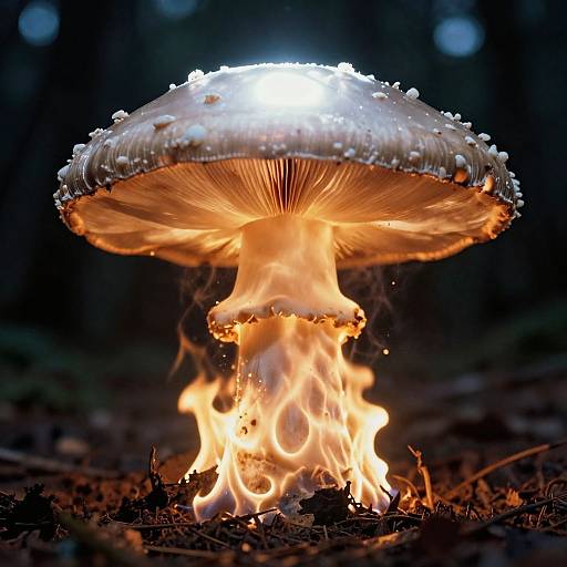 Photograph of a glowing mushroom with water droplets, engulfed in bright orange flames, set against a dark forest background.