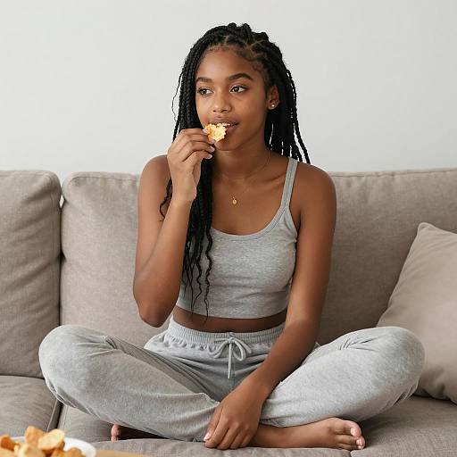 Black Teen Girl Eating Snack on Sofa