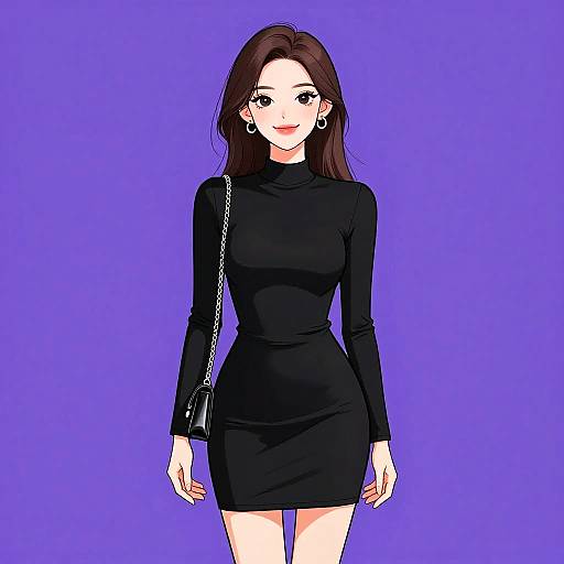 Digital anime-style drawing of a slender woman with long brown hair, wearing a form-fitting black turtleneck dress, silver earrings, and a black