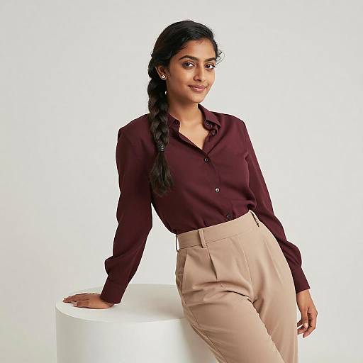 Photograph of a smiling Indian woman with dark hair in a braid, wearing a burgundy blouse and beige pants, leaning on a white cylinder against