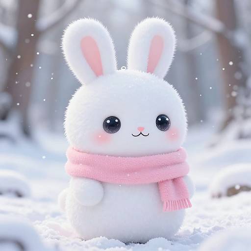 Cute white cartoon bunny with pink ears and scarf, sitting in a snowy forest, blushing with black eyes, smiling. Digital art.