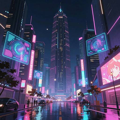 Neon-lit, cyberpunk city street at night with glowing skyscrapers, vibrant digital billboards, reflective wet pavement, and a few pedestrians