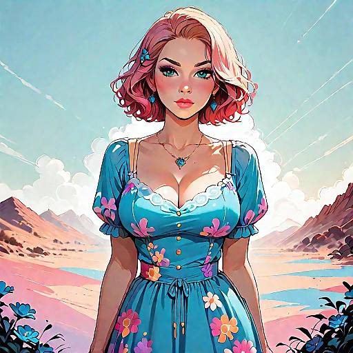 Stylish Woman in Bohemian Sundress in Desert Landscape