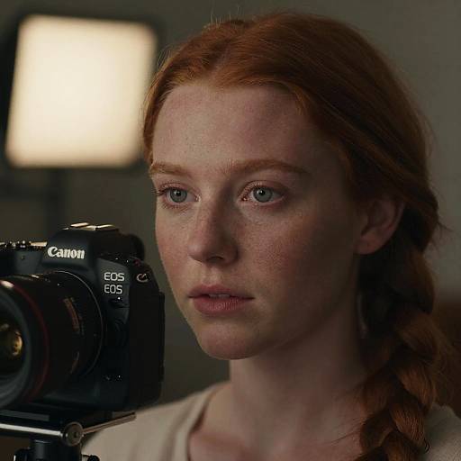 Young Redhead Woman with Braid Using Camera