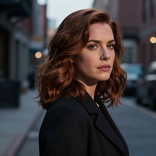 Photograph of a serious, fair-skinned woman with wavy brown hair, wearing a black coat, standing on a blurred city street.