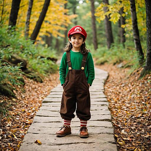 Boy in Mario Costume on Forest Path
