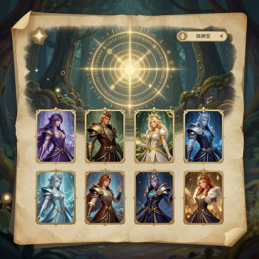 Digital fantasy card game interface showing six illuminated character portraits with magical armor, set against a mystical forest backdrop.
