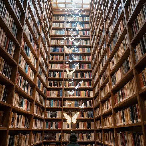 Photograph of a tall, narrow library with wooden bookshelves filled with colorful books, illuminated by white butterflies floating mid-air.