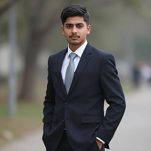 Photograph of a young Indian man with medium skin tone, dark hair, and mustache, wearing a black suit, white shirt, and gray tie
