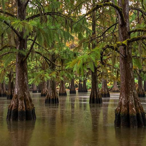 Photograph of a serene swamp with tall, moss-covered cypress trees standing in still, reflective water, surrounded by lush green foliage.