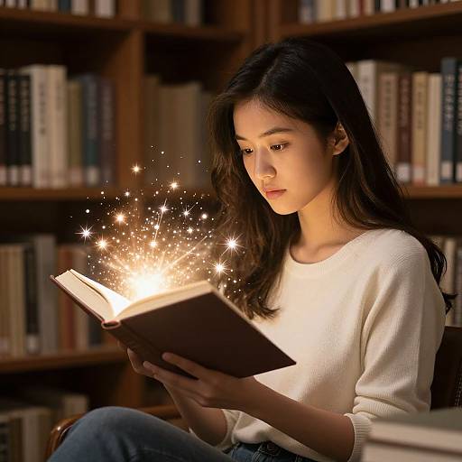 Photograph of an Asian woman with long black hair, wearing a white sweater, reading a book emitting magical sparkling light in a library.