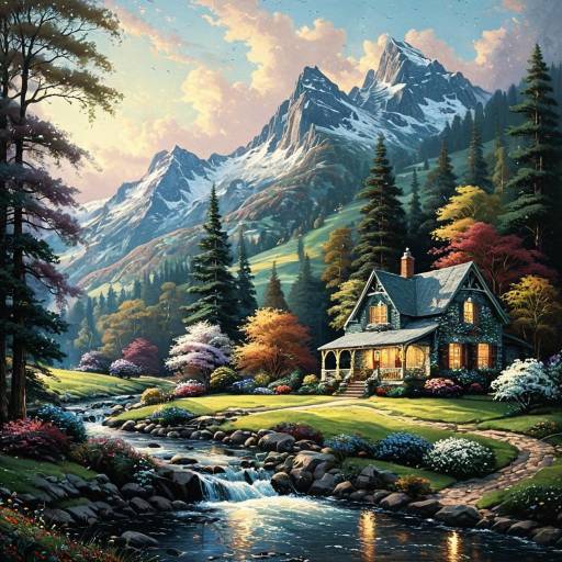 Thomas Kinkade Style Serene Mountain Landscape Thomas Kinkade Style Serene Mountain Landscape