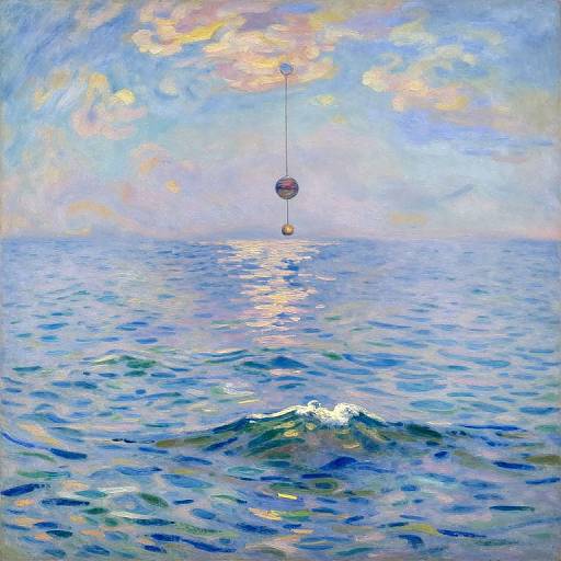 Impressionist-style painting of a serene ocean with gentle waves, reflecting a colorful sky. A single fishing line with a red and yellow buoy hangs above