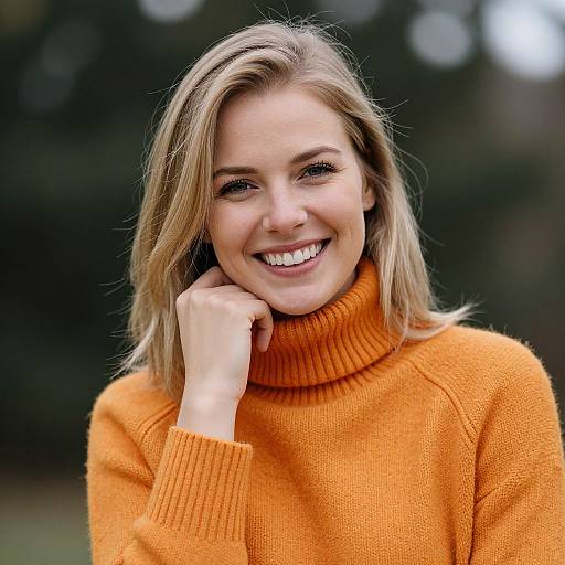 Photograph of a smiling blonde woman with fair skin, wearing an orange turtleneck sweater, touching her chin, against a blurred dark green background.