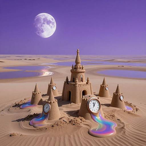 Digital artwork: A sandcastle with clock towers under a full moon, surrounded by a purple sky and reflective water pools.