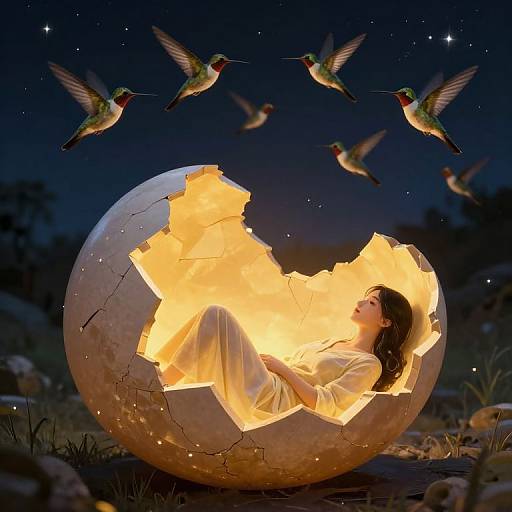 Photograph-style digital art: Dreamy night scene with a glowing, cracked moon shell cradling a serene woman in a white dress, surrounded by