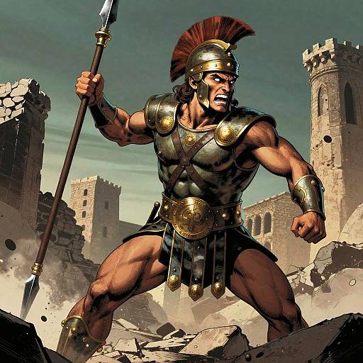 Digital art of a muscular, angry Spartan warrior in gold armor and helmet, wielding a spear, amidst a ruined castle with crumbling stone walls under a cloudy