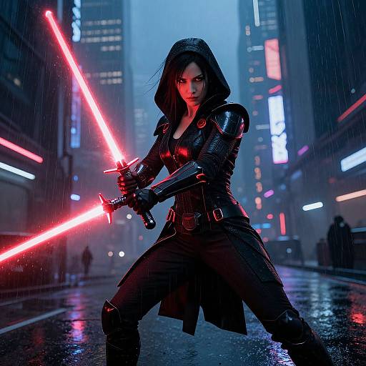 Photorealistic CGI of a fierce, dark-haired woman wielding glowing red lightsabers in a rainy, neon-lit city street at night.