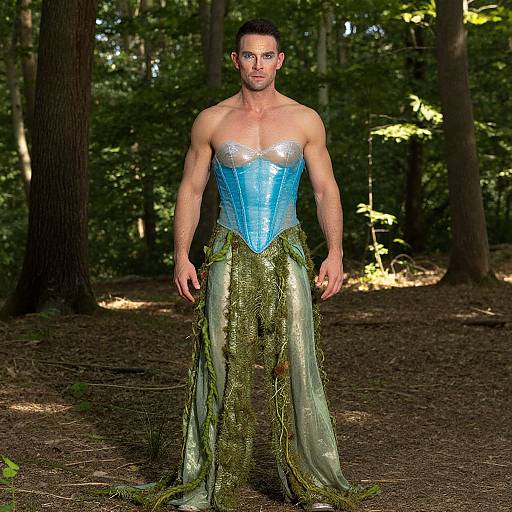 Photograph of a muscular man with short dark hair, wearing a blue corset and green, leafy, skirt-like garment, standing in a sun