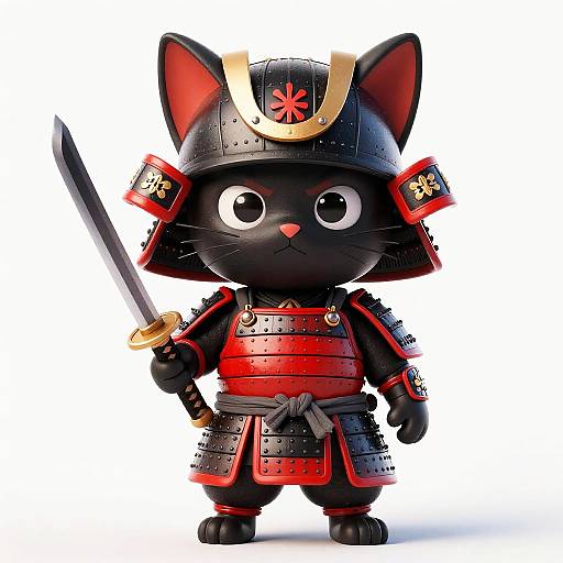 Chibi-style digital illustration of a black cat in traditional Japanese samurai armor, holding a sword, with a red emblem on the helmet. White background