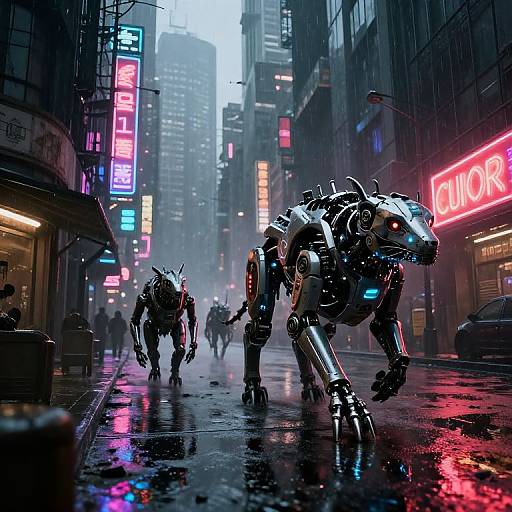 Cyberpunk night scene: Two robotic, wolf-like creatures walk on a rain-soaked street, surrounded by neon-lit skyscrapers and a