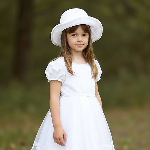Photograph of a young girl with straight brown hair, wearing a white dress and wide-brimmed white hat, standing in a blurred, green outdoor