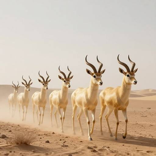 Photograph of a herd of six white antelopes with dark horns running across a sandy desert, kicking up dust in bright sunlight.