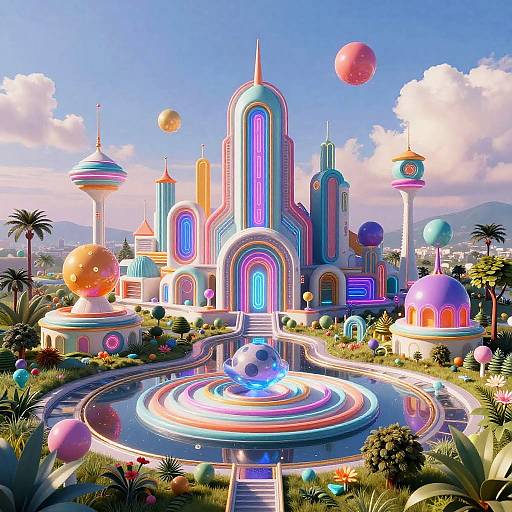 Vibrant, futuristic neon palace with colorful domes and spheres, surrounded by a circular water feature and lush greenery under a bright blue sky.