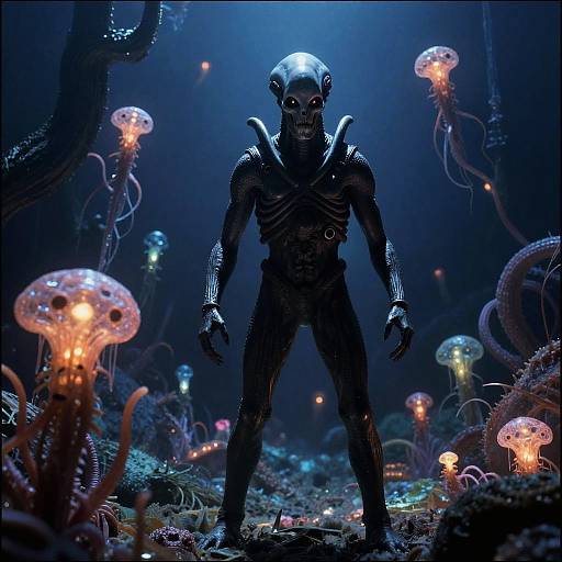 Photograph-like CGI of a menacing, skeletal alien with glowing eyes standing in a dark, bioluminescent underwater forest of glowing jellyfish.
