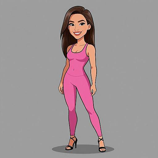 Cartoon-style digital drawing of a smiling woman with long black hair, wearing a tight pink jumpsuit and black high heels, standing against a plain gray