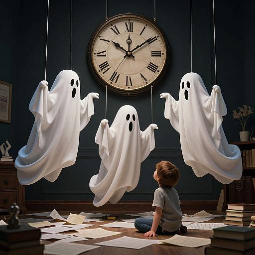 Photograph of a child in a white shirt and blue jeans, sitting on a checkered floor, gazing at floating ghost puppets with black eyes