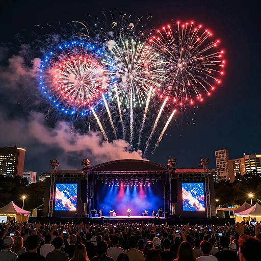 Vibrant photograph of colorful fireworks exploding above a crowded outdoor concert stage with large screens displaying a performer, surrounded by city lights and tents.