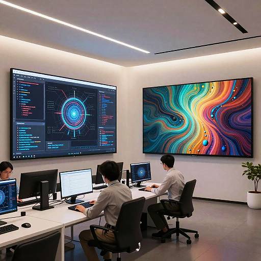 Photograph of three Asian men in white shirts working at modern office desks, surrounded by illuminated screens and colorful abstract art.