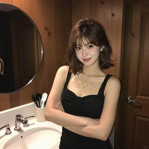 Elegant Woman in Dimly Lit Bathroom
