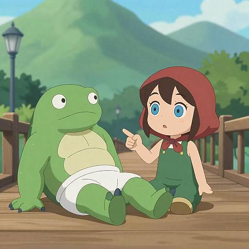 Curious Girl and Reptilian Creature Encounter