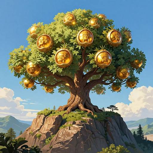Digital artwork of a golden-faced tree with glowing, human-like face orbs, standing on a rocky mountain peak under a bright blue sky.