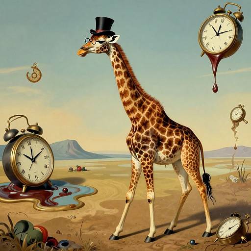 Digital artwork of a giraffe wearing a top hat, standing in a desert with floating, dripping clocks and a winding river.