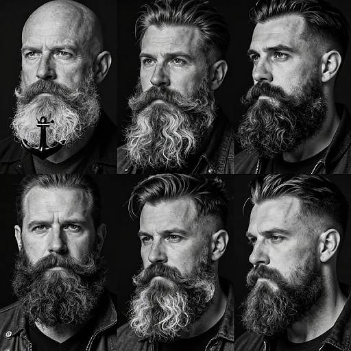 Photograph of a bald, bearded man in black and white, six views showcasing his detailed, wavy beard and serious expression.