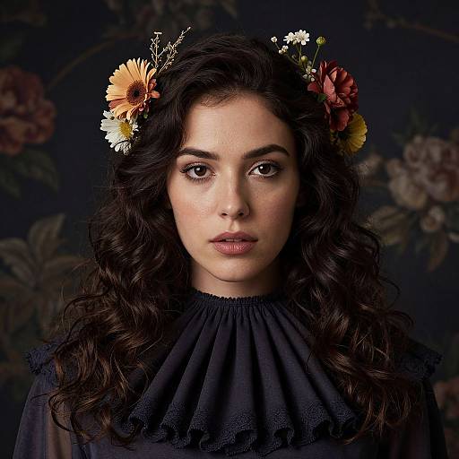 Photograph of a young woman with curly dark hair, wearing a black Victorian-style dress and floral crown, set against a dark floral background.