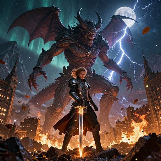 Digital fantasy artwork: Armored warrior with glowing sword stands confidently before towering, demonic dragon under electrifying stormy sky, cityscape ablaze.