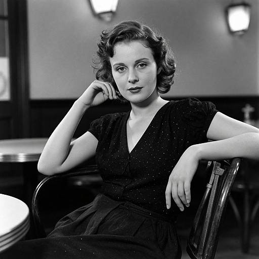 Black-and-white photograph of a 1940s-style woman with curly hair, wearing a sparkly black dress, seated in a cafe, resting her