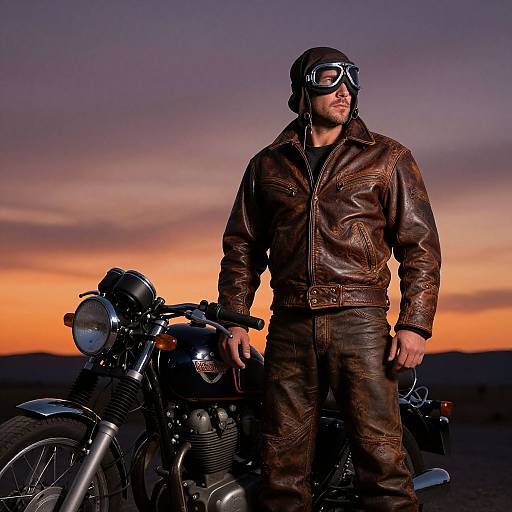 Photograph of a muscular man in brown leather jacket and pants, black helmet, and goggles, standing beside a black motorcycle at sunset with a colorful sky