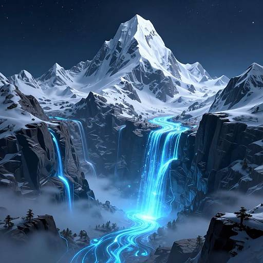Digital artwork of a glowing, luminous blue waterfall cascading down snow-covered, jagged mountains under a starry night sky.