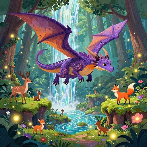 Vibrant digital illustration of a purple dragon with orange wings soaring above a lush forest, waterfall, and colorful animals, including foxes and deer,